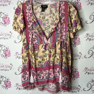 Papillon short sleeve blouse boho flowers Floral Women's Top - Pink and Yellow
